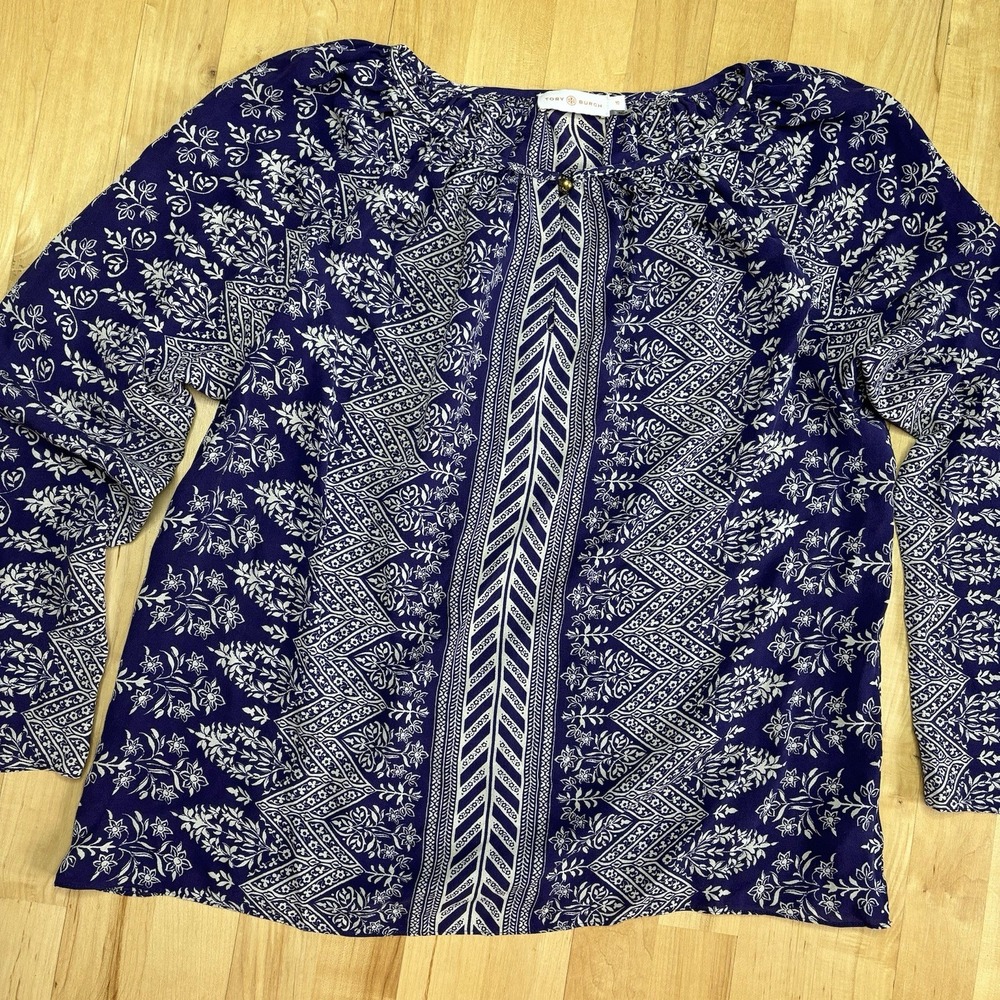 Tory Burch Silk Blouse Tunic Long Sleeve Purple 10 Preppy Boho Flowy Peasant